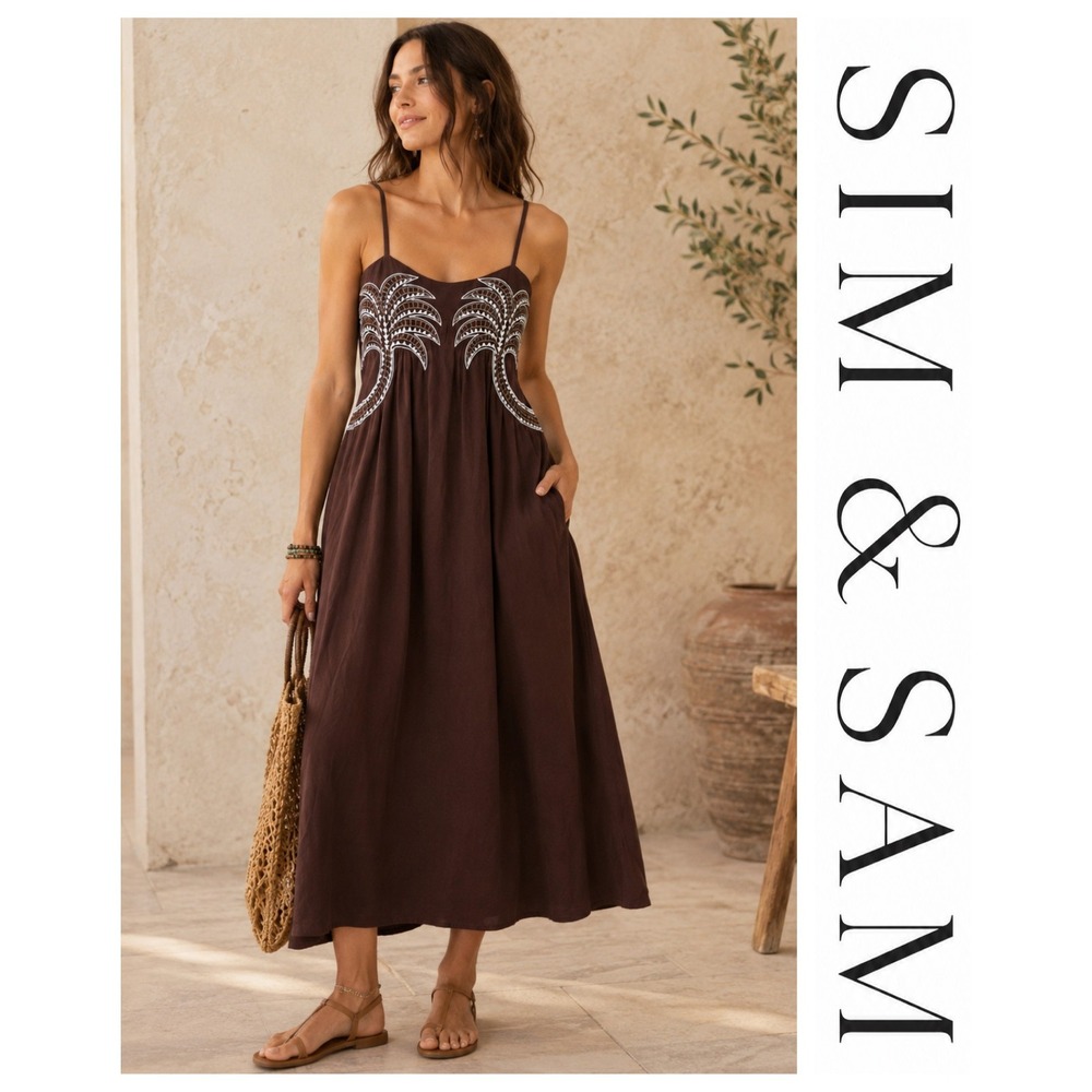 Sim & Sam Brown Embroidered Palm Trees 100% cotton Boho Beach L NWT
